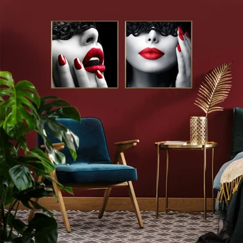 Voal Negru, Buzele Rosii Doamna Canvas Tablou Modern, Moda, Arta De Perete Imaginile Pentru Camera De Zi De Decorare Acasă Amprentele De Pe Perete