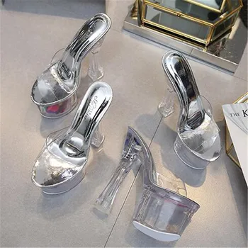 Femei Slide-uri de Vară 2021 Sexy Cristal Papuci de casă Tocuri 17/20 CM Transparente Sandale Cool Pompe de sex Feminin Pantofi de Nunta Mare 34-42 43