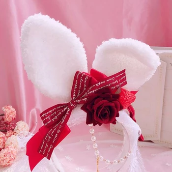 LXAE Japoneză Dulce Lolita Urechi de iepure Banda Gotic Panglică Arc Lanț Pearl Floare Trandafir Cerc Păr Dantela, Voal, Cosplay Paști Păr