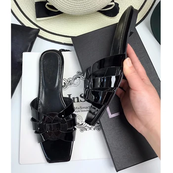 Designer de Brand de Moda pentru Femei Papuci din Piele Bandă Îngustă Peep Toe Sandale Plate de Lux Doamnelor Diapozitive Pantofi de Vara TE4
