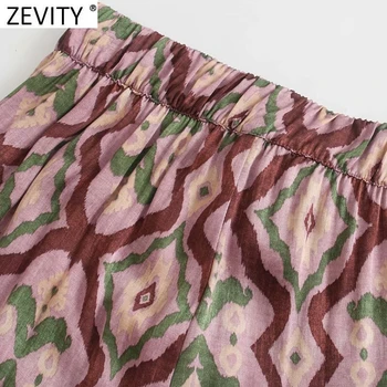 Zevity 2021 Femei Vintage Imprimeu Geometric Pliuri Haren Pantaloni Sex Feminin Chic Elastic Talie Dantelă-Up De Vară Vițel Lungime Pantaloni P1152