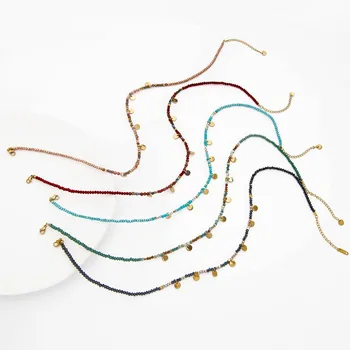 Boho Handmade Colorate De Cristal Margele Din Piatra Naturala Lanț Mici, Rotunde Monedă Disc Pandantiv Cravată Colier Pentru Femei Bijuterii De Epocă