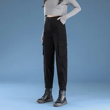 Femei Pantaloni De Buzunar Elastic Talie Mare Epocă Drept Velcro Pantaloni Harajuku 2021 Streetwear Stil Coreean Jogger Doamna