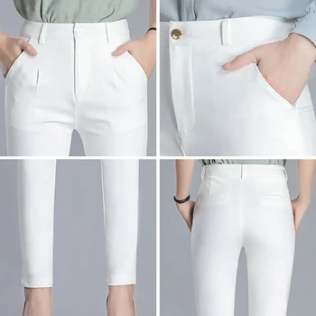 Clasic Solid De Înaltă Talie Subțire Potrivi Pantaloni Femei Stil Coreean De Mari Dimensiuni Creion Pantaloni Office Lady Primăvara Și Vara Pantaloni Albi