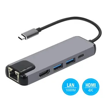 5 în 1 USB C Hub compatibil HDMI Adaptor Gigabit Ethernet pentru Mac book Pro, Tip C pentru Rj45 Lan Adaptor cu USB-C Port Încărcător