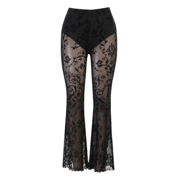 Beyouare-Gothic-Black-Moda Evazate Pantaloni Cu Dantela Vintage Transparent, Sexy Rock, De Înaltă Talie Pantaloni De Vară 2021 Streetwear Pantaloni