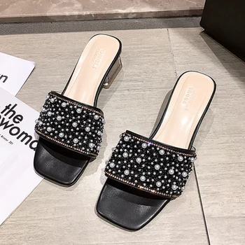 Femei pantofi și papuci purta 2021 vara noua perla arc deschis deget de la picior toc gros