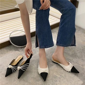 Pearl Femei 2021 Papuci Casual cu Toc mic Subliniat Toe Slide-uri Pantofi Plat Sandale de Plaja Pentru Femei pantoufles femmes