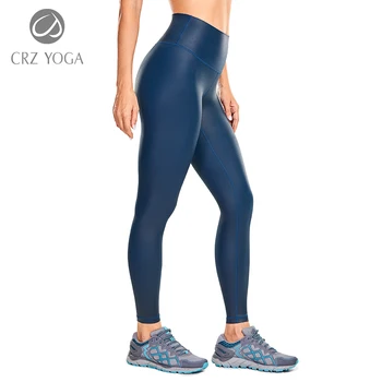 CRZ YOGA Femei Faux din Piele Jambiere de Yoga de Moda de Înaltă Talie Pantaloni de Antrenament cu Buzunar Interior -25 Cm