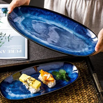 Stil japonez cuptor ochi de pisica albastru de pește placa de uz casnic pește aburit farfurie mare de glazura de culoare creative placa de sushi MJ
