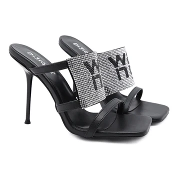 NIUFUNIU Stras Femei Sandale 2021 Dimensiune 35-42 Curea sandale Negre Sexy Femei Pantofi Litere Super Slim Tocuri din Piele