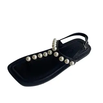 Clar Tocuri Bej Sandale cu Toc Pantofi de Confort pentru Femei de Vară 2021 Flip Flops Platforma All-Meci Deget de la picior Pătrat Fete Negru Perla
