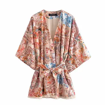 2021 Bluza Femei Imprimate Supradimensionate Liber Kimono Cu Mâneci Largi Moda Casual Vintage Chic Lady Shirt Femei Cu Centură Topuri