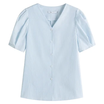 FANSILANEN Bumbac Birou Doamnă Albastru cu Dungi Cusaturi Maneci Scurte Tricou pentru Femei de Vară 2021 Puff Sleeve V-neck Tricou Casual
