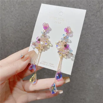 Coreea 2021 Colorat Fluture Cristal Cercei pentru Femei Lung Lanț Tassel Temperament Flori Picătură Cercei Pandantiv