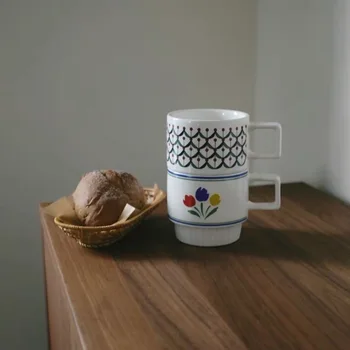 Dubbelwandige Koffie Cana Ceramica de Cafea Ceasca de fulgi de Ovăz micul Dejun Bea Lapte Ceașcă de Cafea care pot fi Stivuite de Mână-pictat Retro franceză Lalea