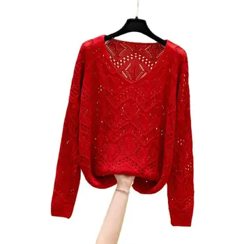 Hollow-out pulover feminin han ediție vrac render bluză cu mâneci lungi v-neck pulover subțire nouă primăvară 2021 moda