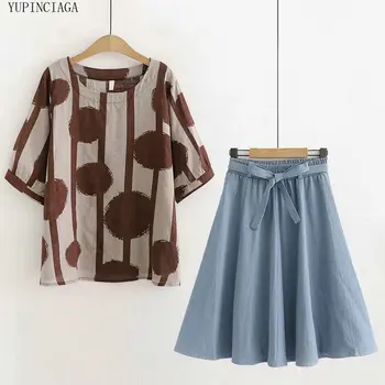 Femei Seturi de Stil coreean Imprimare Geometrice Subțire O-gat Maneci Scurte T shirt + Talie Mare Culoare Solidă Denim fusta a-line 2 Bucata Set