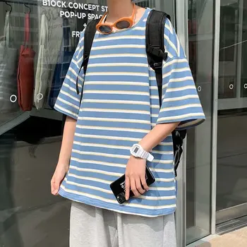 Vara O-gât cu Dungi T-shirt pentru Bărbați Moda coreeană Liber Casual T-shirt pentru Bărbați Harajuku Streetwear Retro cu mânecă Scurtă T-shirt pentru Bărbați