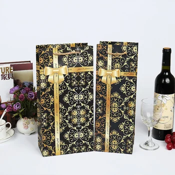 10buc Rosu Negru Cadou Cutie Cardpaper Vin Sac de Unică Sticla Dublu de Aur Panglică Arc de Imprimare Cadou Titularul de Crăciun, de anul Nou