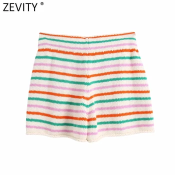 Zevity 2021 Noi Femeile De Moda Colorat Cu Dungi De Tricotat De Vară Fierbinte Femme Pantaloni Scurți Elegant Dantela In Talie Casual Pantalone Cortos P1112