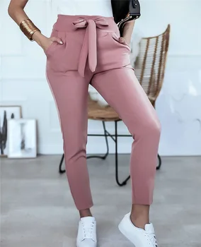 Anglia Stilul Femeilor de Vară de Culoare Solidă Pantaloni de Creion Bandaj Design Buzunare Decor de Înaltă Talie Solduri Slim Pantaloni de Streetwear