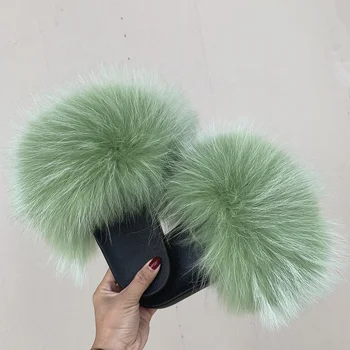 Real raton furSlippers 2021 Noua Moda Confort Sandale Plate Pufos Slide-uri de Femei