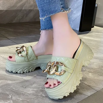 Lucyever Vara Lanț De Metal Pană Papuci Femei Sandale Platforma Indesata Diapozitive Femeie Confortabil Moale Jos Pantofi De Plaja