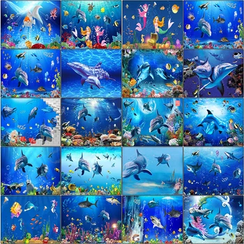 Full pătrat broderie dirll desen 5d diamant pictura kit set lume Subacvatică rechin, pește, delfin, broasca testoasa complet mozaic de arta