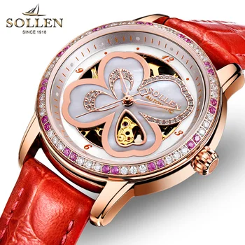 Elveția Brand de Lux SOLLEN Femei cuarț Ceas Safir rezistent la apa Schelet Diamant din Piele Ceas de mână SL405