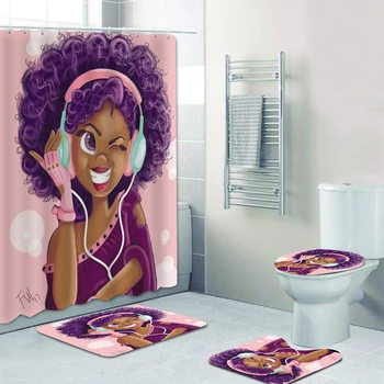 Desene animate drăguț Negru Fata cu Guma de mestecat Perdele de Duș Baie Cortina Afro Femeie Afro-Americani Toaletă Covorase Mocheta Set 4BUC