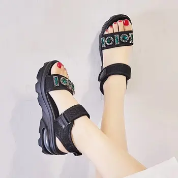 Bej Sandale cu Toc Med de sex Feminin Pantofi de Vară 2021 Briose pantof Negru Mediu de Sport Saboti Fete Stras Apartament Nou Confort